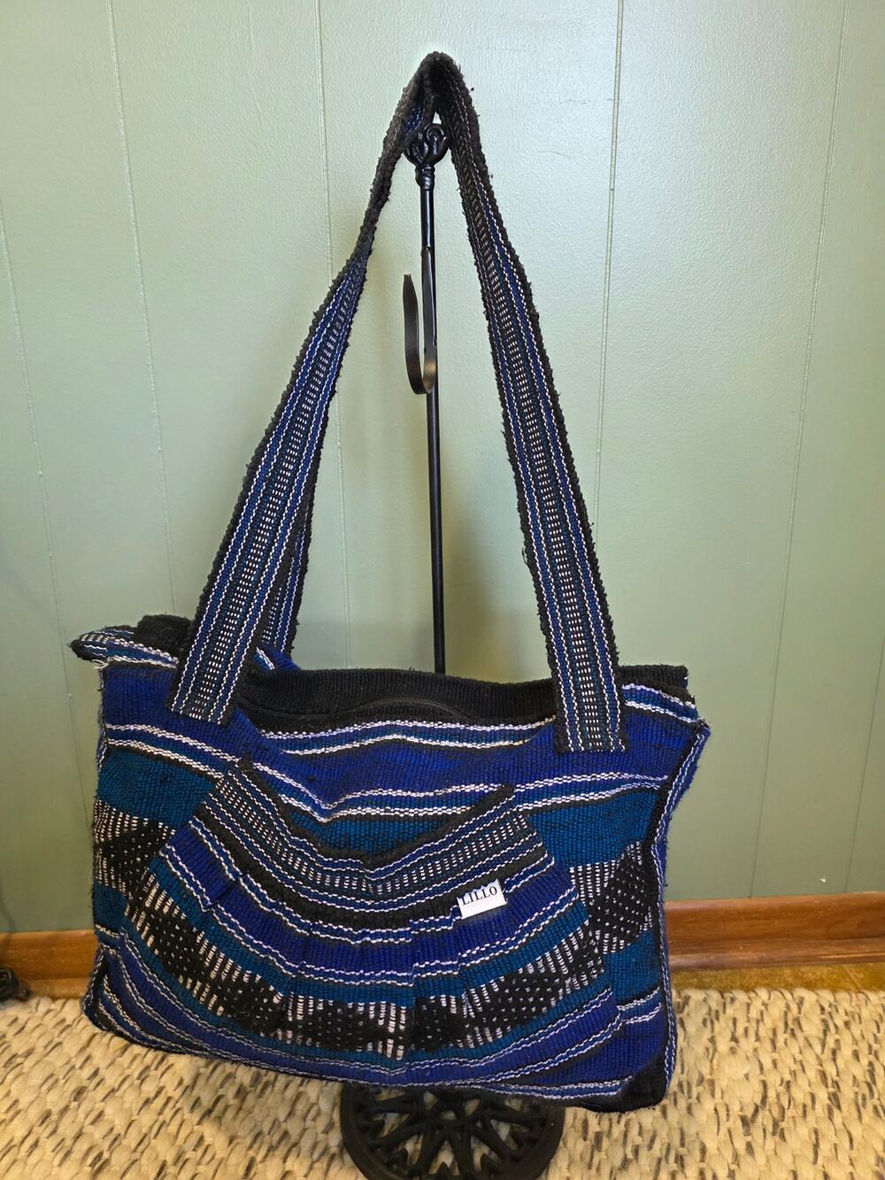 Artesanias Lillo Woven Tote Bag Blue Black Striped Boho Shoulder Bag Handcrafted